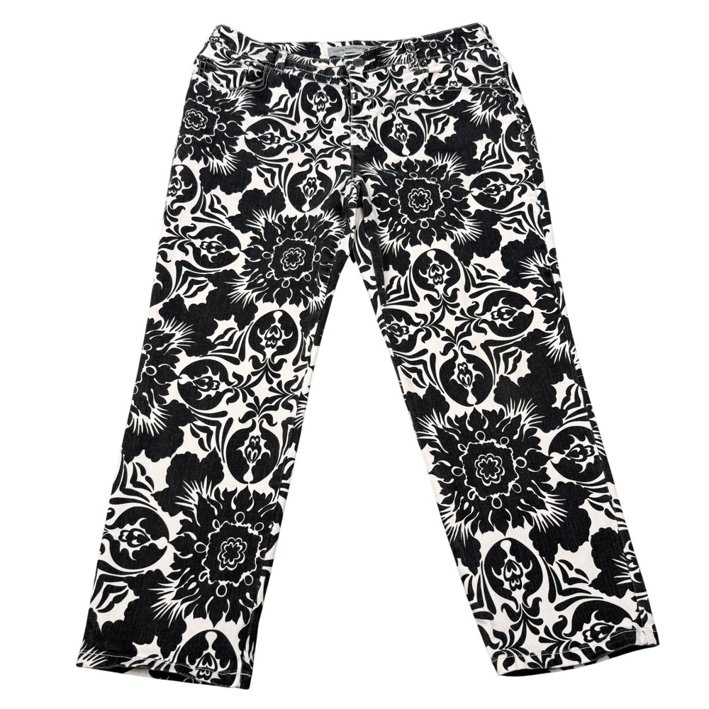 Chicos Platinum Denim Jeans Womens Size 1 Black White Floral Damask Crop Pants